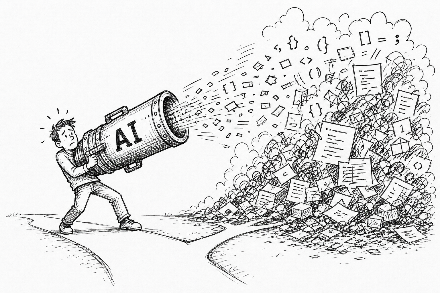 Hand-drawn sketch of AI spraying too much code